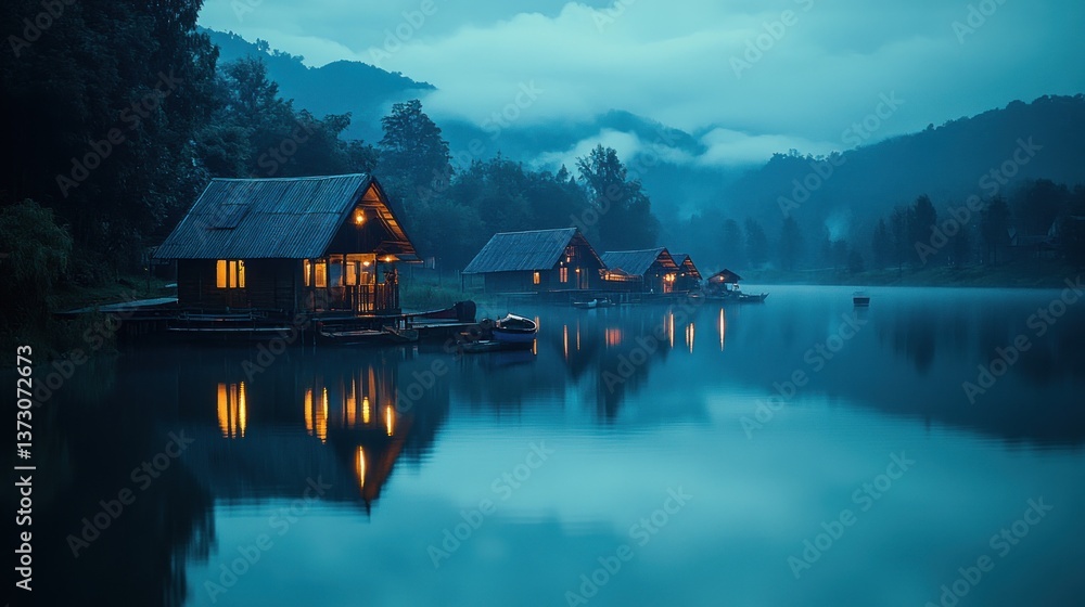Fototapeta premium Misty lakefront cabins at twilight