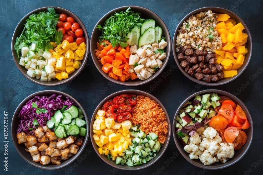An overhead shot of six bowls filled with colorful and healthy ingredients on a dark background An overhead shot of six bowls filled with colorful and healthy ingredients on a dark background