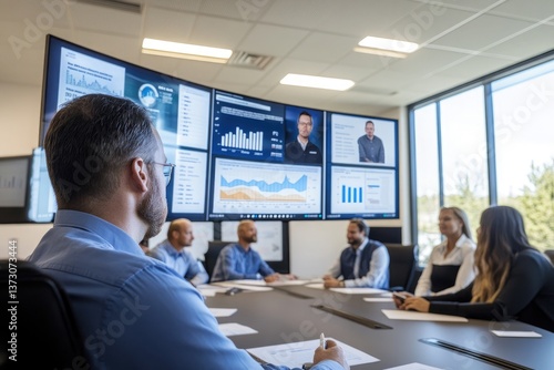 Obraz na płótnie A remote leadership team participating in a quarterly review, with key metrics, employee performance data, and strategic goals displayed on virtual screens in a digital conference room. w salonie