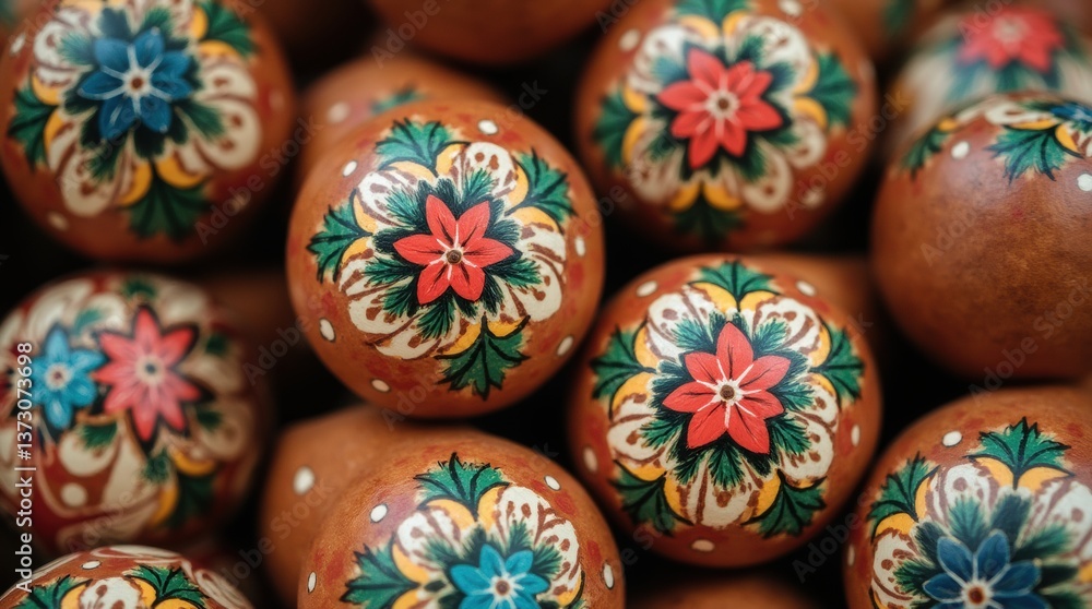 Close-up of hand-painted Slavic ornaments on wooden crafts, highlighting the vibrant colors and detailed artistry Close-up of hand-painted Slavic ornaments on wooden crafts, highlighting the vibrant colors and detailed artistry