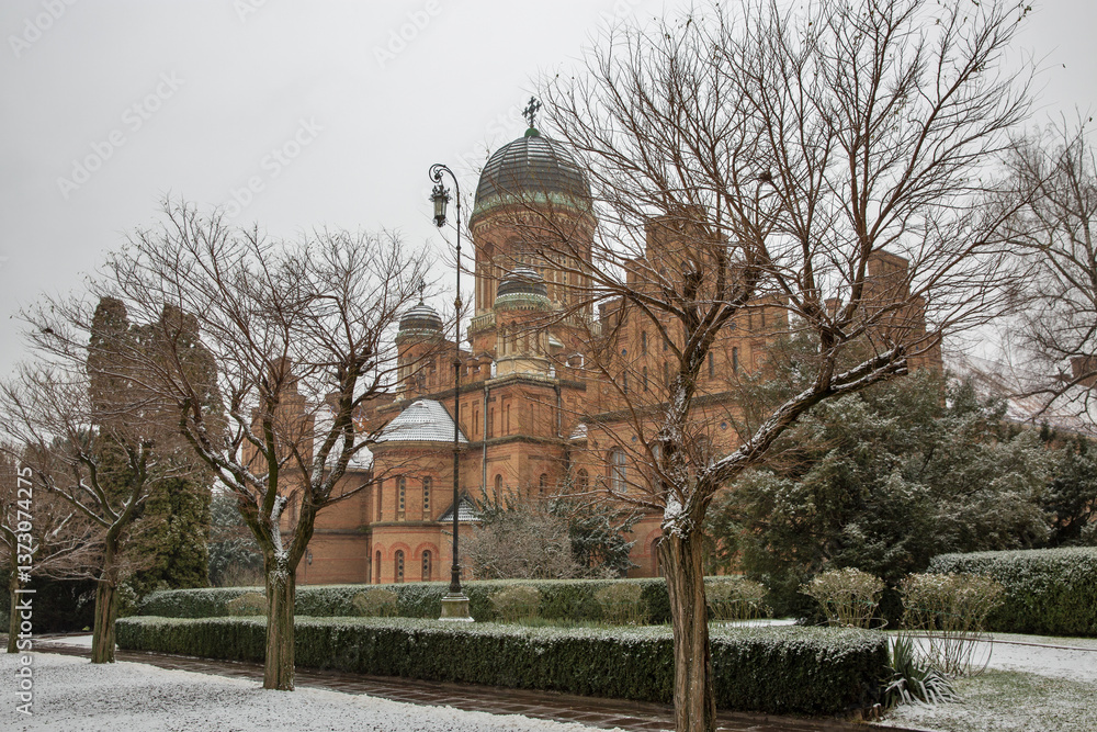 Fototapeta premium Chernivtsi National University Three Hierarchs Church in winter, Ukraine.