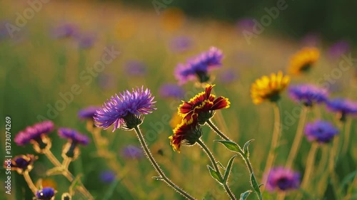 Colorful Wildflowers Blooming at Sunset in a Scenic Field  
