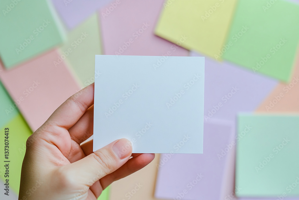 Obraz premium Hand holding blank white square card against pastel background, showcasing a simple yet versatile mockup for text or advertisement