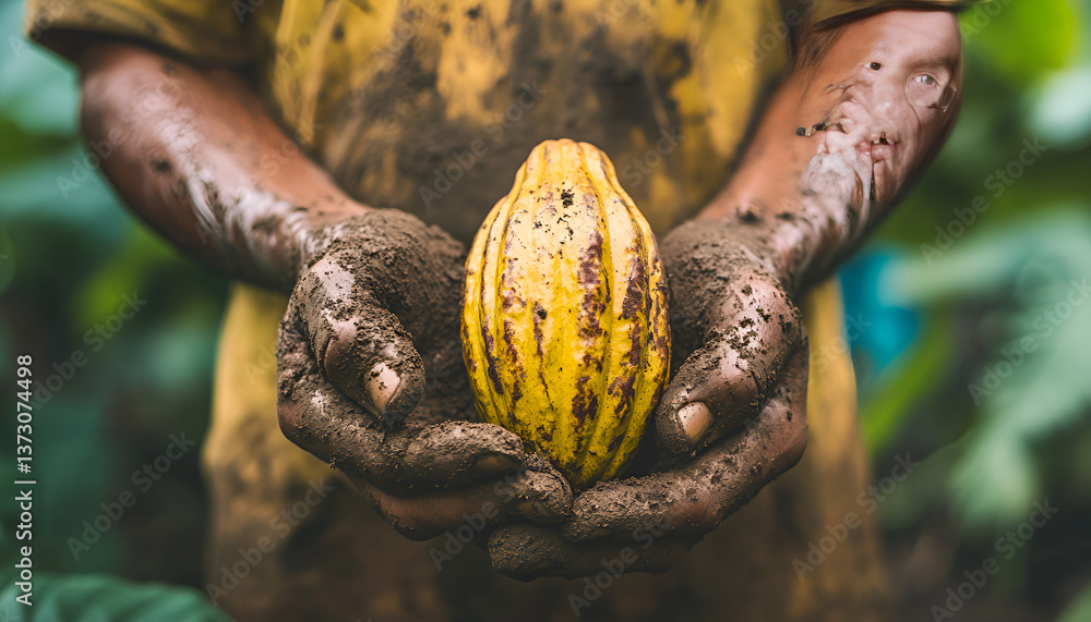 Close-Up of Cocoa Farmer s Hands Gently Holding Cacao Pod in Lush Plantation. Concept of Farming, Agriculture, Sustainability, , cocoa production, and Harvesting. Banner. Background Close-Up of Cocoa Farmer s Hands Gently Holding Cacao Pod in Lush Plantation. Concept of Farming, Agriculture, Sustainability, , cocoa production, and Harvesting. Banner. Background