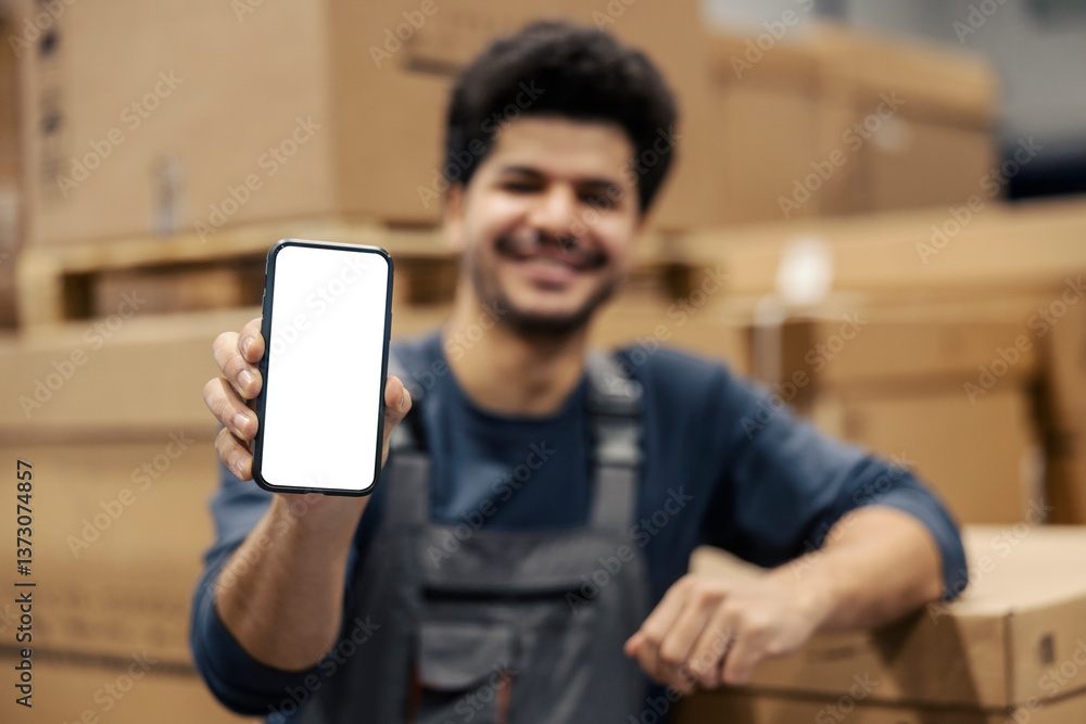 Close up of interracial warehouseman showing phone display at camera at storage.