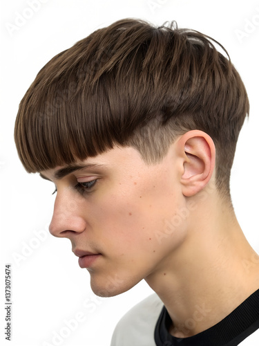 Close-up portrait showing a young man's Bob cut hairstyle, isolated on a transparent background
