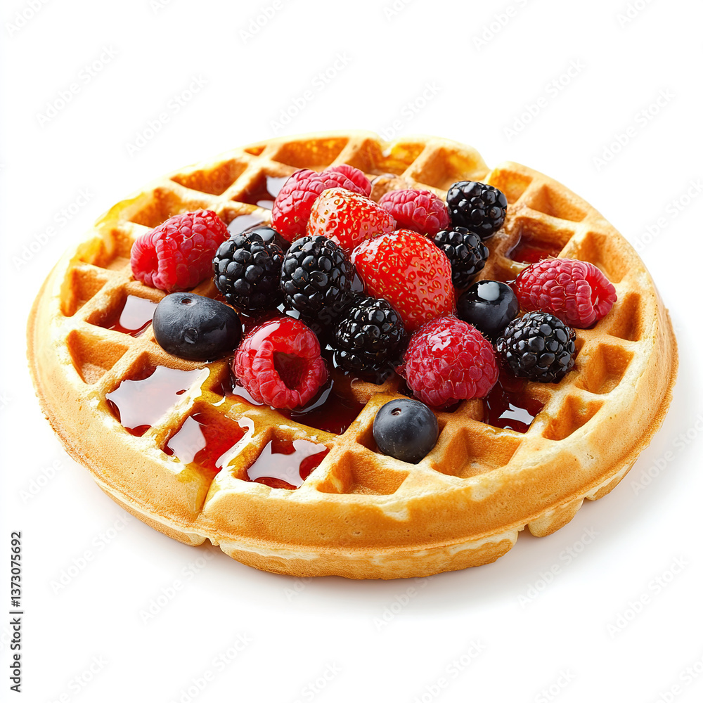 waffle, round waffle, Belgian waffle, syrup on white background waffle, round waffle, Belgian waffle, syrup on white background