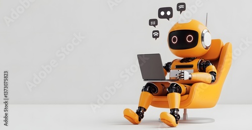 AI's Digital Lounge: A stylish robotic figure sits in an orange chair, engrossed in work on a laptop, with speech bubbles floating overhead, suggesting a scene of digital communication.