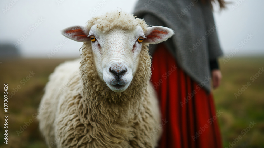 Fototapeta premium Close-up of sheep with thick, light-beige fleece, bright eyes, and pinkish ears, showcasing farm animal portrait, symbolizing gentleness and rural life