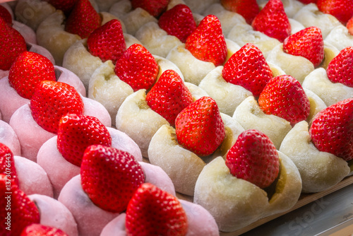 Rows of Daifuku - strawberry mochi, showcasing vibrant red strawberries nestled in soft, pale rice cakes. Two mochi variations are visible.