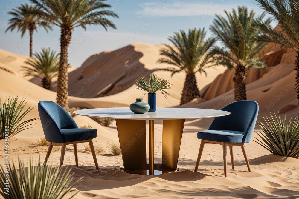 Fototapeta premium Elegant Contemporary Table Surrounded by Desert Oasis with Warm Sand and Palm Trees