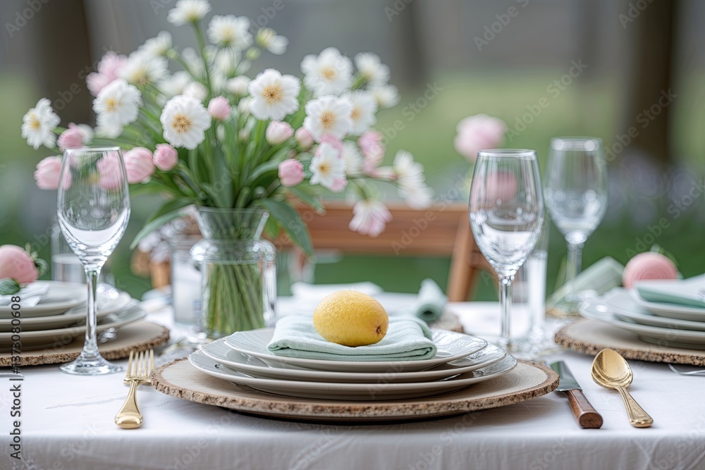 Fototapeta premium Spring Table Setting with Soft Blurred Background for Elegant Showcase