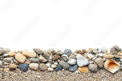 Seaside Harmony: An array of smooth pebbles and seashells rests gently upon a bed of fine sand, presenting a sense of tactile elegance and natural beauty. evoking a sense of calm and serenity.