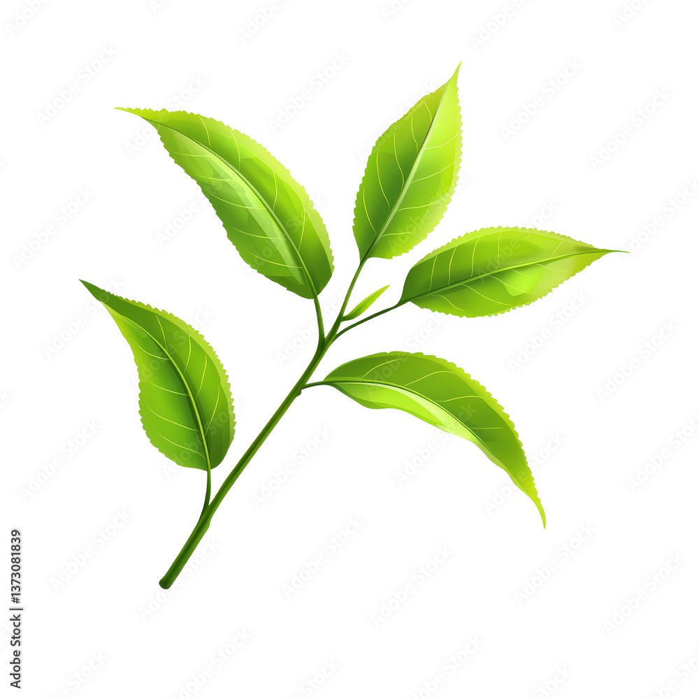 Obraz premium Fresh Tea Leaves: A vibrant sprig of fresh tea leaves, showcasing the crisp green of new growth, an epitome of natural goodness and health.