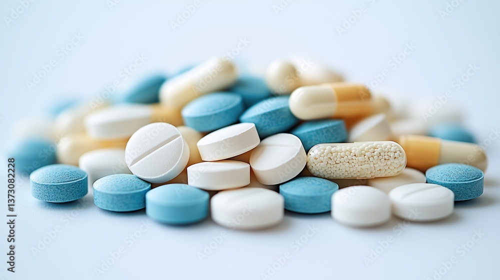 Pile of assorted round tablets and capsules in blue, white and beige colors on light background – perfect for pharmaceutical ads, supplement catalogs or science-themed infographics Pile of assorted round tablets and capsules in blue, white and beige colors on light background – perfect for pharmaceutical ads, supplement catalogs or science-themed infographics