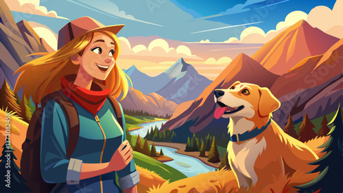 joyful woman traveler with dog at scenic mountain viewpoint warm morning light breathtaking landscape candid moment of companionship and exploration