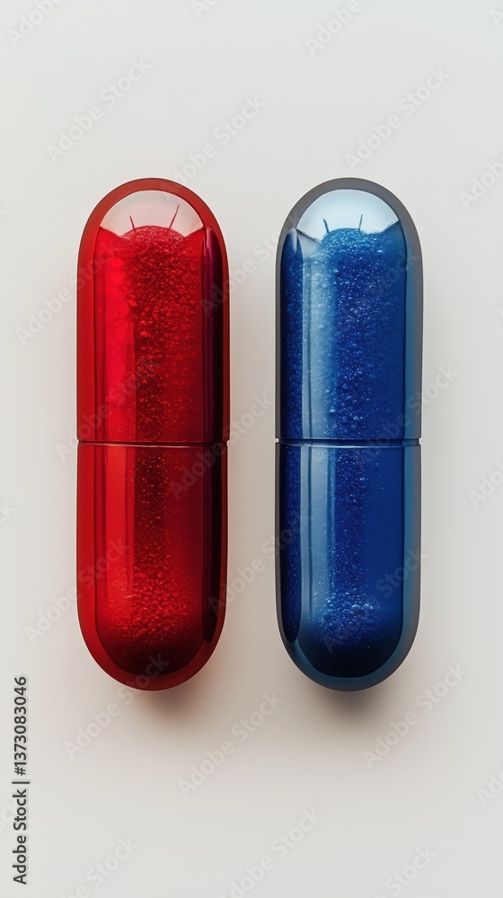 Red and blue stylized capsules standing vertically on white background with shadows Red and blue stylized capsules standing vertically on white background with shadows