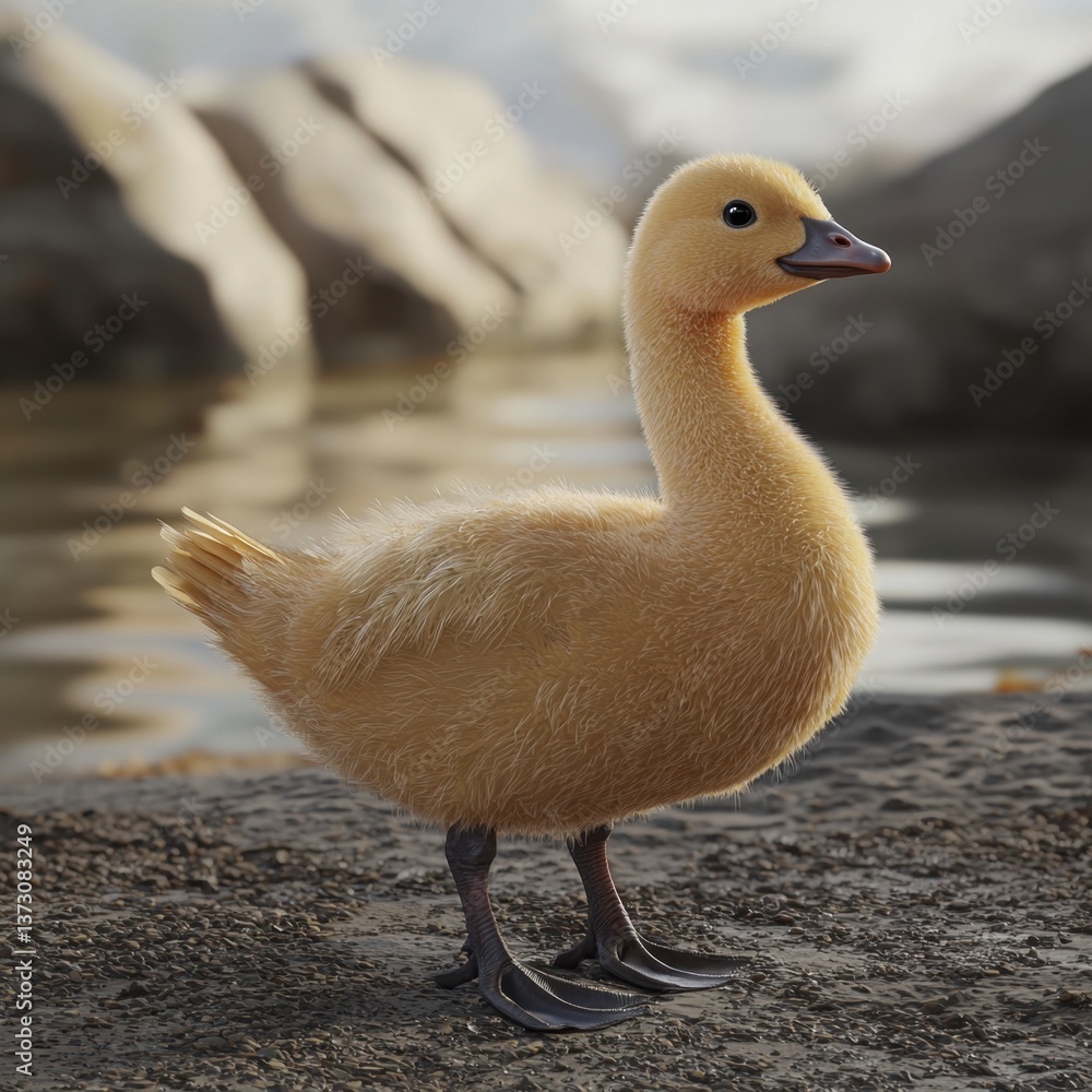 Fototapeta premium Golden goose stands on sandy shore. Fluffy yellow plumage gleams. Serene waters and rocks form backdrop in this peaceful nature scene.