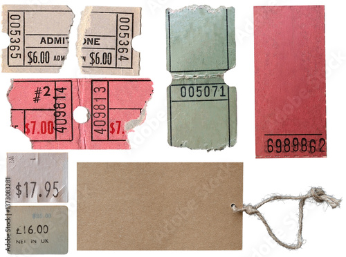 Collection of blank old torn and stained vintage tickets and price tags isolated isolated on transparent background.