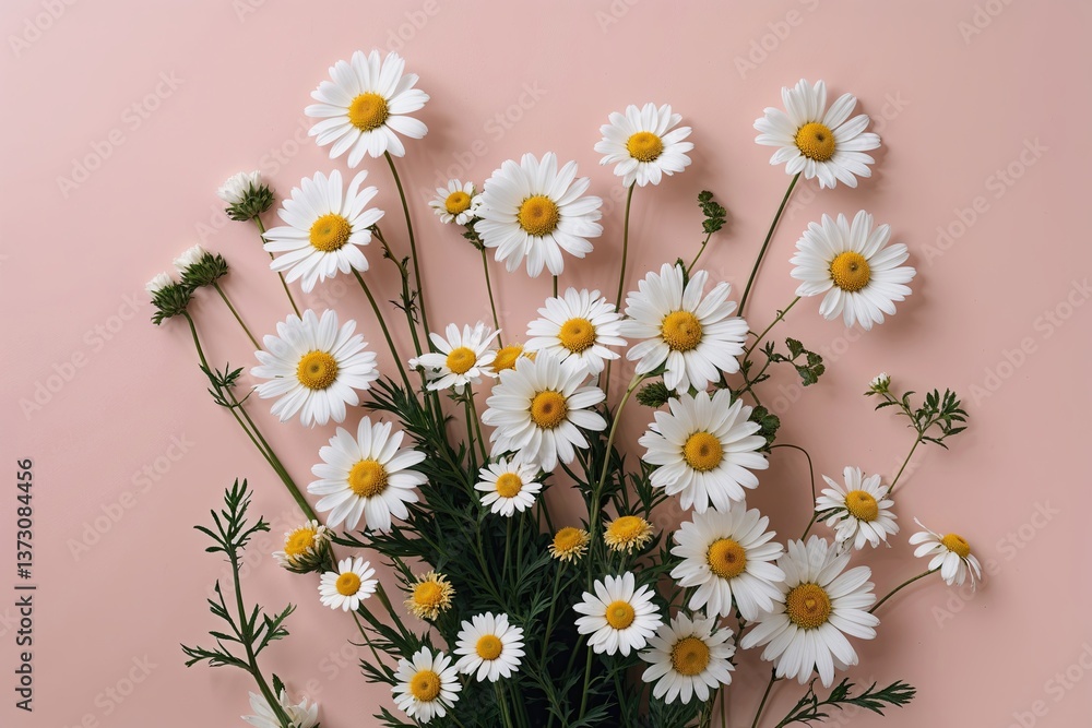 Obraz premium Minimalist White Daisy and Chamomile Flowers on Soft Pink Background for Summer Lifestyle Inspiration