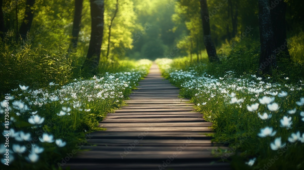 Obraz premium A serene wooden pathway traverses a vibrant forest landscape bathed in light