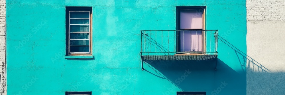 Obraz premium Turquoise building facade with windows and a small balcony in