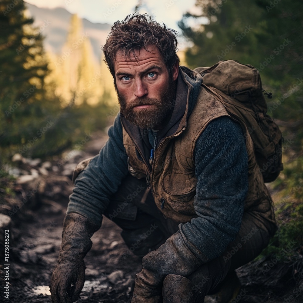 Obraz premium Portrait of a rugged bearded man with a weathered look crouching in a misty forest setting. Wearing a hoodie and vest, his expression conveys toughness and survival spirit.