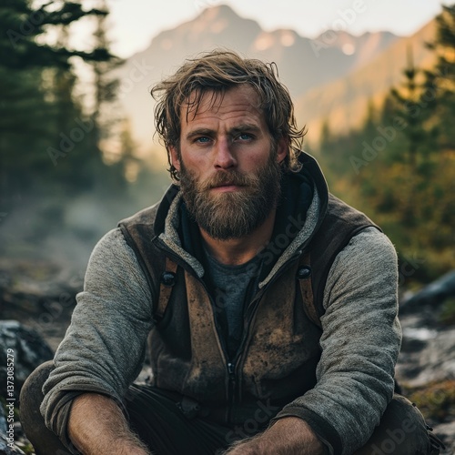 Portrait of a rugged bearded man with a weathered look crouching in a misty forest setting. Wearing a hoodie and vest, his expression conveys toughness and survival spirit.