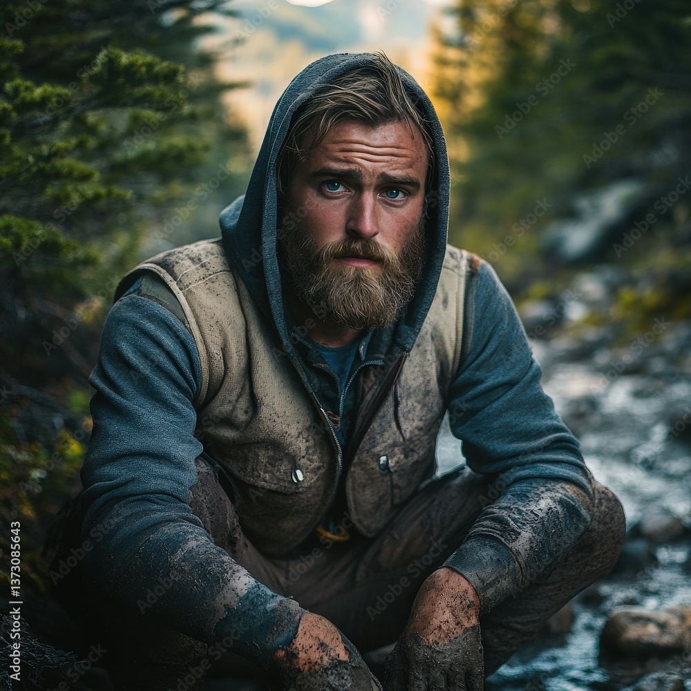 Obraz premium Portrait of a rugged bearded man with a weathered look crouching in a misty forest setting. Wearing a hoodie and vest, his expression conveys toughness and survival spirit.