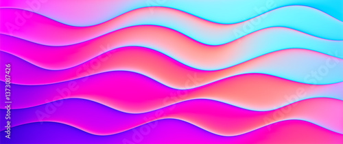 Vibrant neon wave pattern with smooth flowing curves. Dynamic colorful futuristic neon gradient blending glowing pink blue purple shades full of depth energy and modern aesthetics. Vector background