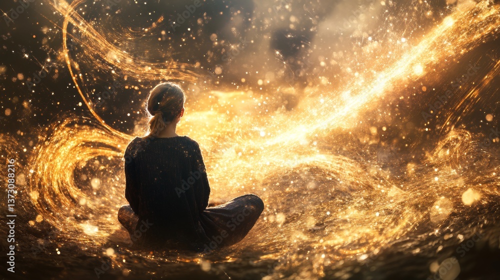 Obraz premium Surreal meditation with swirling golden particles