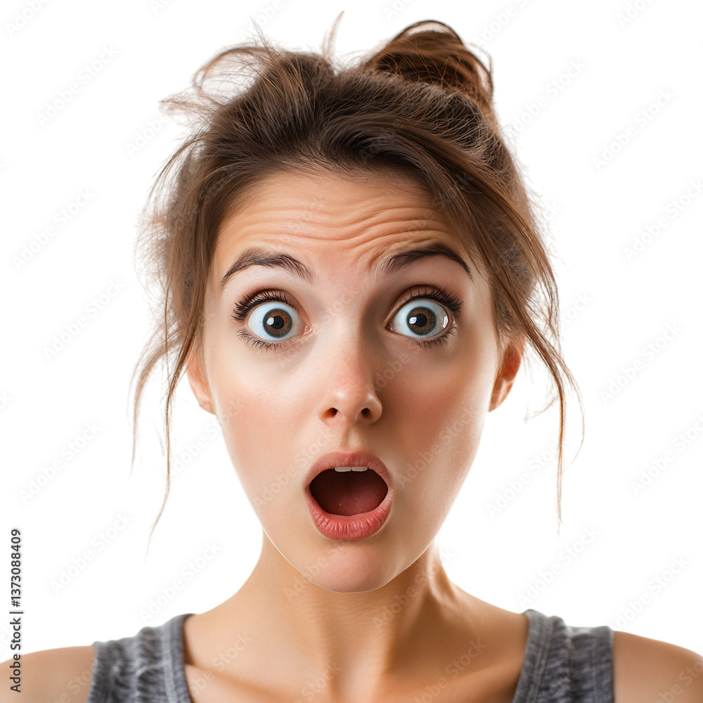 A Woman with Surprised Expression Eyes Wide Open Mouth Open Isolated on Transparent Background A Woman with Surprised Expression Eyes Wide Open Mouth Open Isolated on Transparent Background