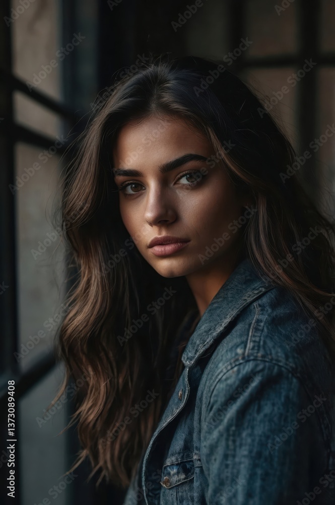 Fototapeta premium Italian woman with striking eyes and flowing hair gazes intently, exuding a sense of quiet confidence and timeless beauty.
