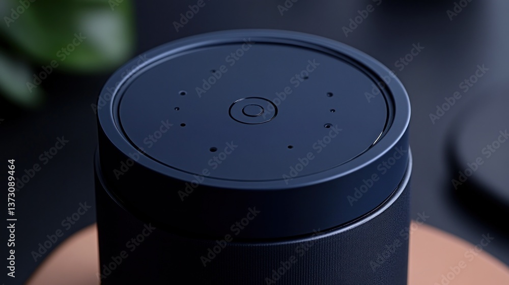 Modern, sleek, dark blue cylindrical audio device with control panel Modern, sleek, dark blue cylindrical audio device with control panel