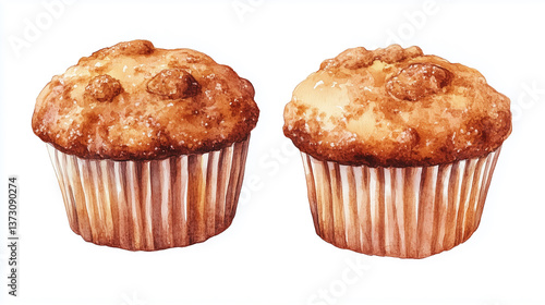 Classic muffins on a white background, illustrated in a watercolor style. A soft and delicious baked treat.