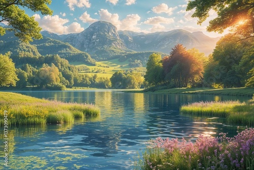 Stunning Scenic Landscape with Sparkling Lake and Vibrant Summer Nature Backdrop