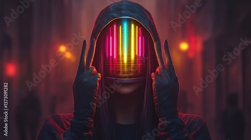 A hooded figure presents peace signs illuminated with neon lights