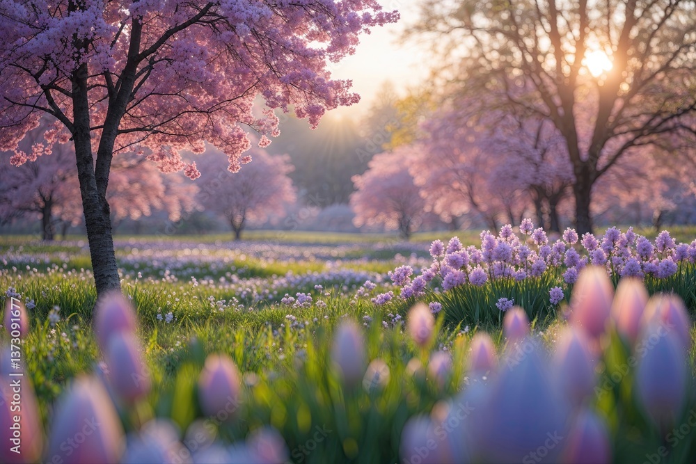 Fototapeta premium Serene Spring Landscape in Soft Focus Bathed in Morning Light