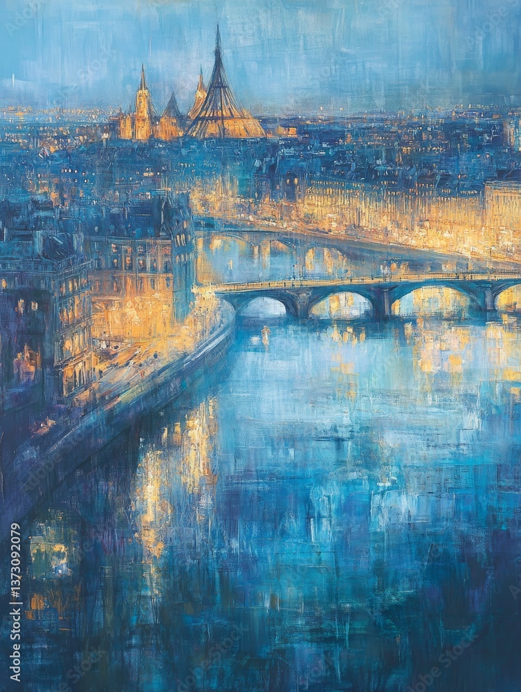 Obraz premium Painting shows a city skyline reflected in water with a