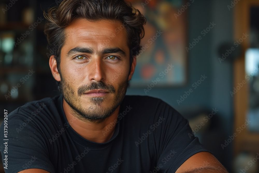 Obraz premium A handsome Middle-Eastern man with curly hair and a thoughtful expression, captured in a warm, cozy indoor setting.