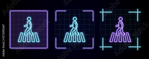 Pedestrian crossing illustration, cyber neon visual, glowing border grid vector.