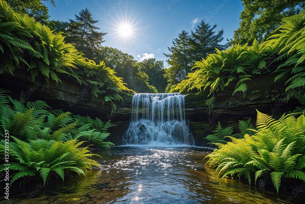 Fototapeta premium Serene Waterfall Nestled in Vibrant Ferns and Clear Blue Summer Sky