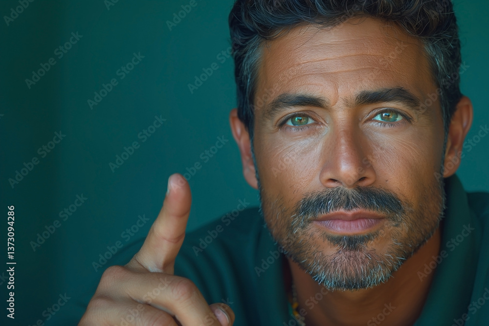 Obraz premium A Middle-Eastern man with striking green eyes gestures confidently, exuding charisma and focus in a muted green setting.