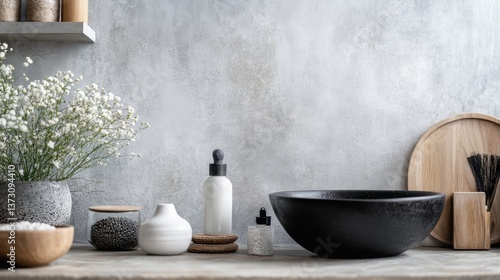 Wallpaper Mural Minimal bathroom accessories and vases on concrete surface Torontodigital.ca