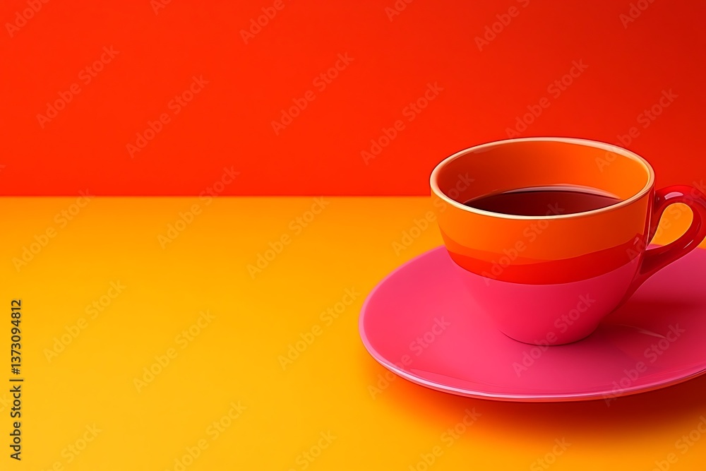 Obraz premium A colorful coffee cup rests on a vibrant pink saucer elegantly