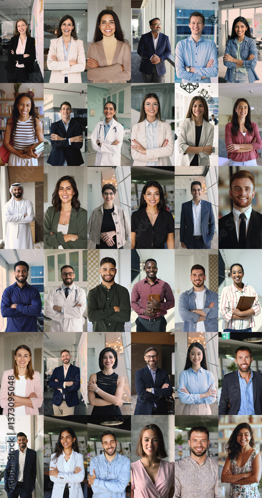 Obraz premium Diversity, global collaboration within professional environment, representatives of different cultures and industries, multiple collage view. Multicultural people posing with arms-crossed at workplace