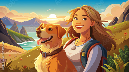 woman with radiant smile embracing life hiking mountain trail with loyal dog companion breathtaking sea view backdrop golden morning light bathes scene in warmth and hope