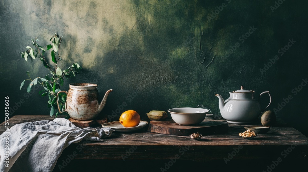 Fototapeta premium Traditional tea setting with pottery and fruit on dark backdrop