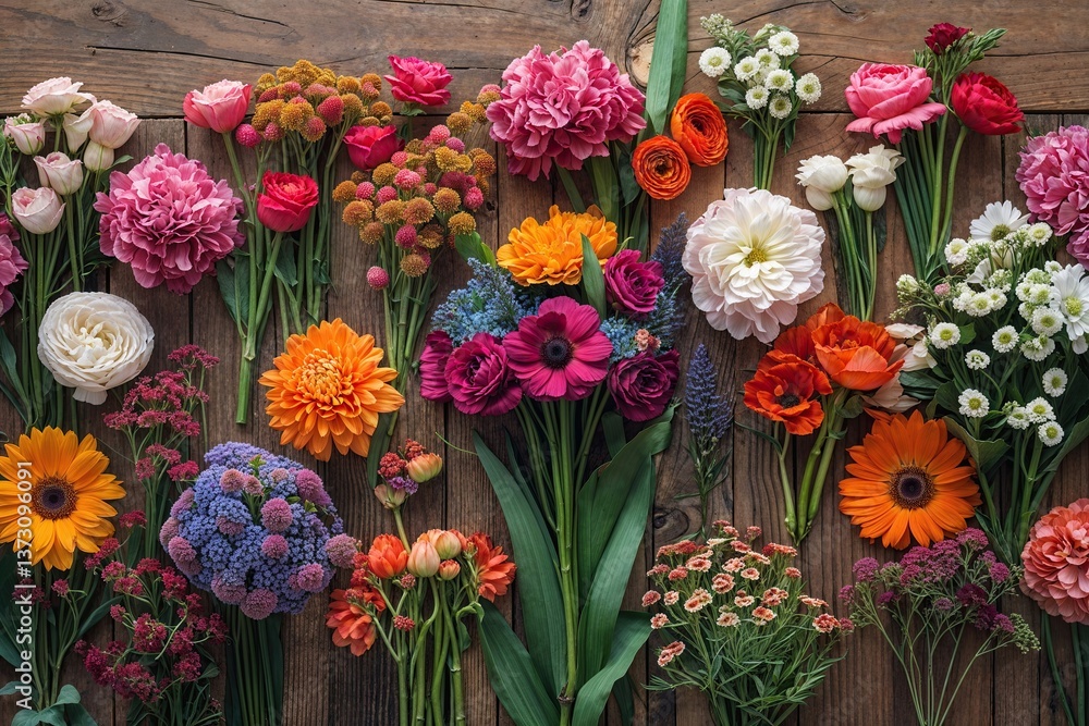 Obraz premium Stunning Floral Arrangements on Rustic Wood Background for a Thoughtful Decor Setup