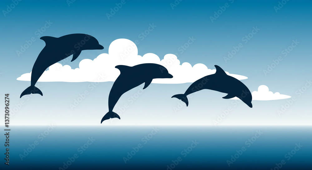 Naklejka premium Three dolphins leaping joyfully over ocean waves under a bright sunny sky with fluffy white clouds, a serene and playful scene.